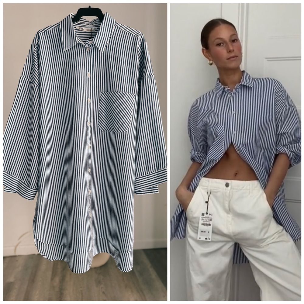 Zara Longline Striped Cotton Shirt New